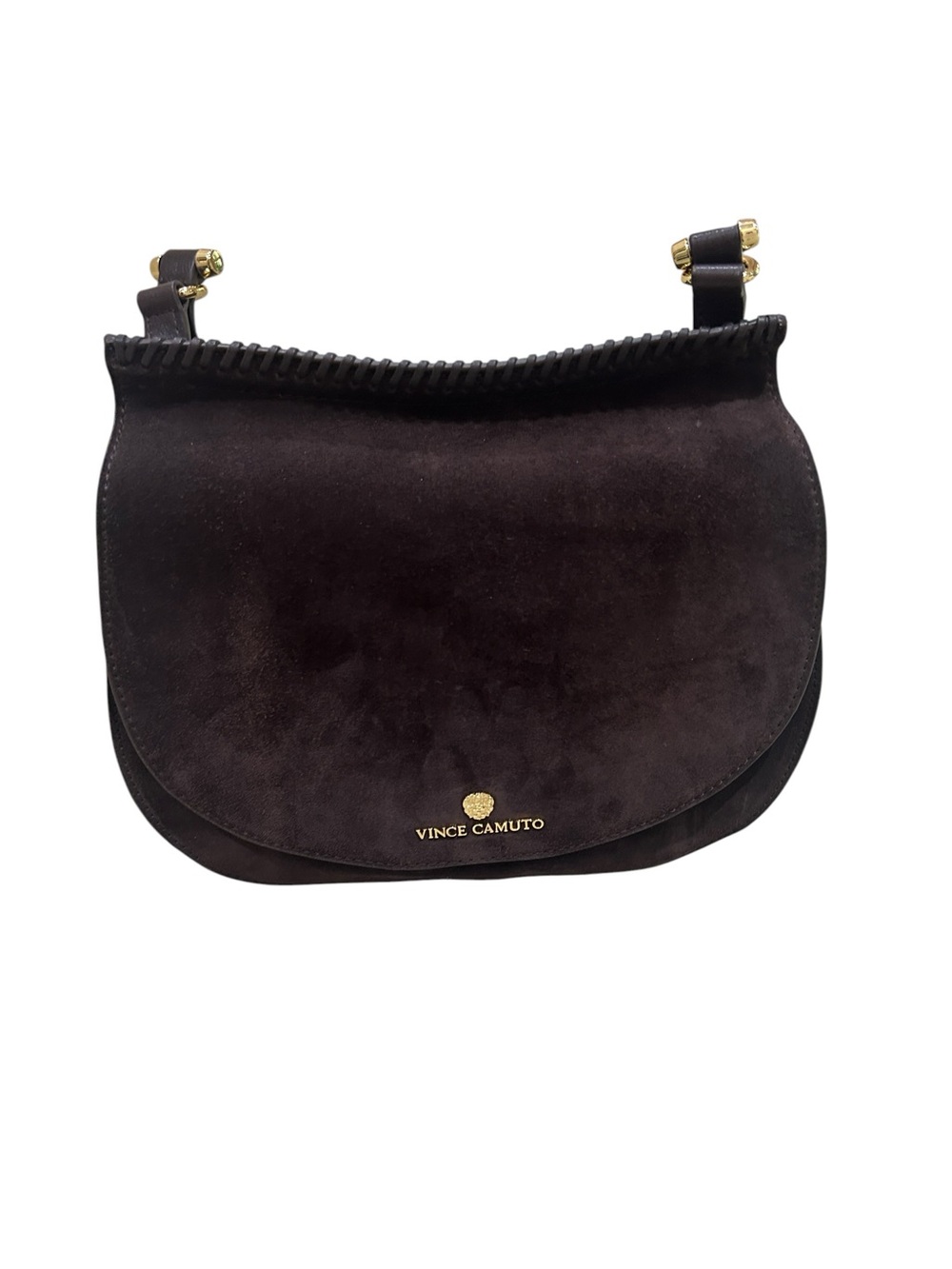 Vince Camuto Chocolate Suede & leather whipstitch Braided-Trim Crossbody Bag